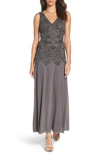 Petite Women's Pisarro Nights Embellished Mesh & Chiffon Gown P - Grey