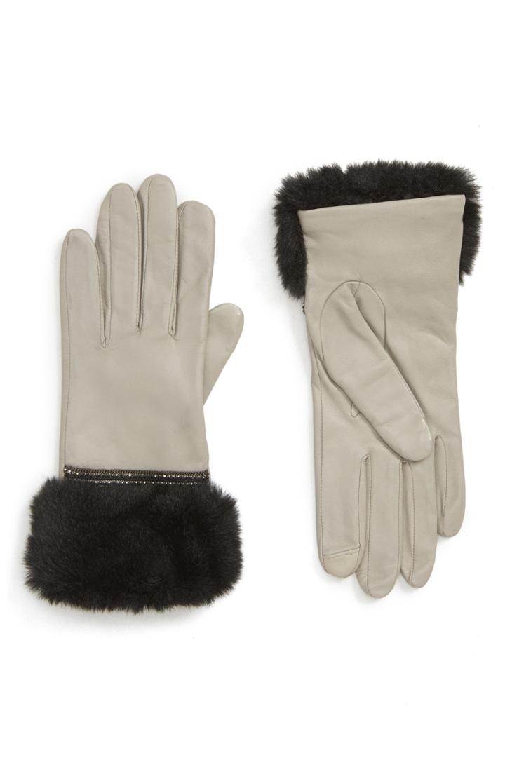 Women's Badgley Mischka Faux Fur Trim Leather Touchscreen Gloves - Grey
