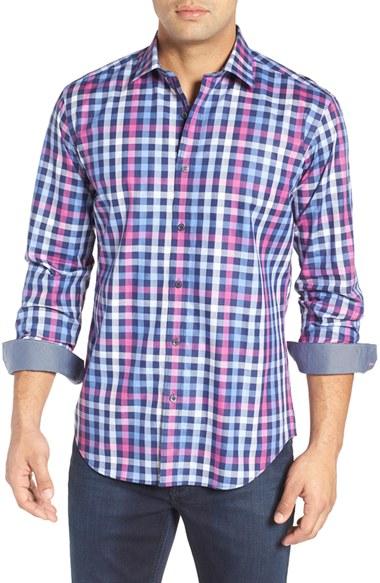 Men's Bugatchi Shaped Fit Herringbone Check Sport Shirt