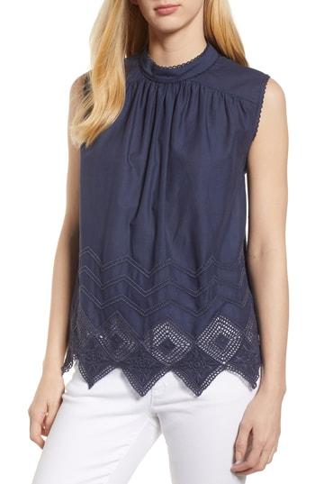 Women's Caslon Embroidered Hem Top - Blue