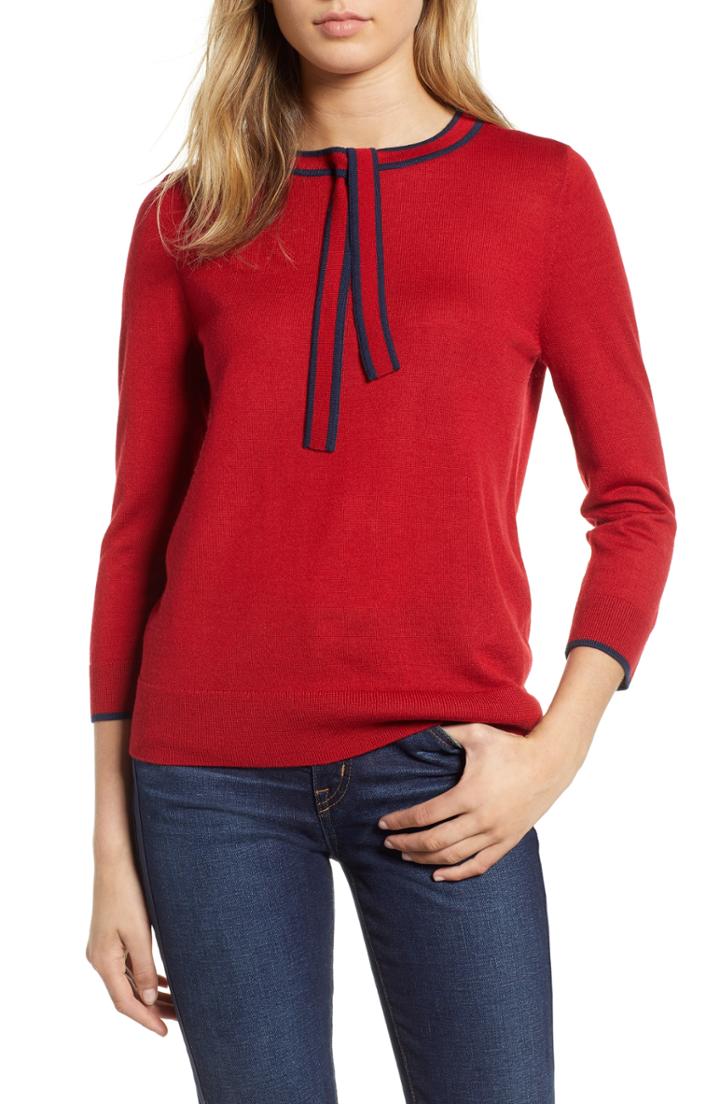 Women's 1901 Tipped Tie Neck Wool Blend Sweater, Size - Red
