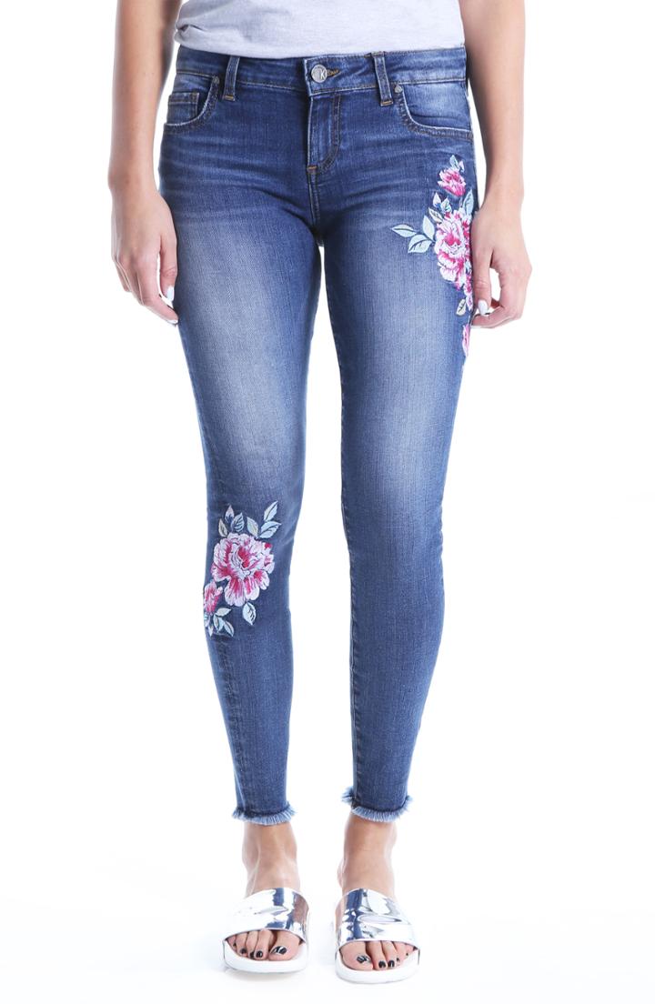 Women's Kut From The Kloth Connie Embroided Frayed Hem Ankle Skinny Jeans - Blue