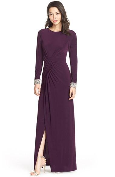 Women's Vince Camuto Beaded Cuff Ruched Jersey Gown - Purple