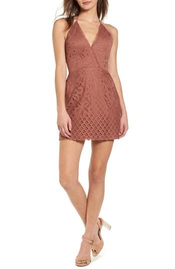 Women's Speechless Lace Overlay V-neck Minidress - Brown