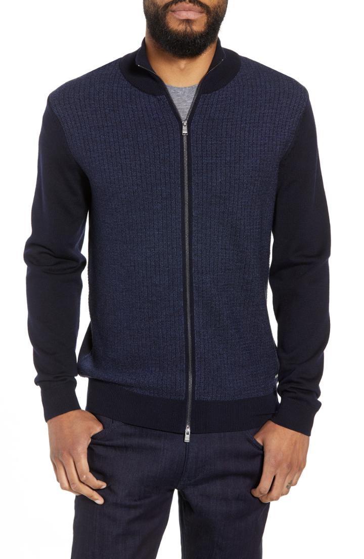 Men's Boss Emondo Regular Fit Wool Zip Sweater, Size - Blue