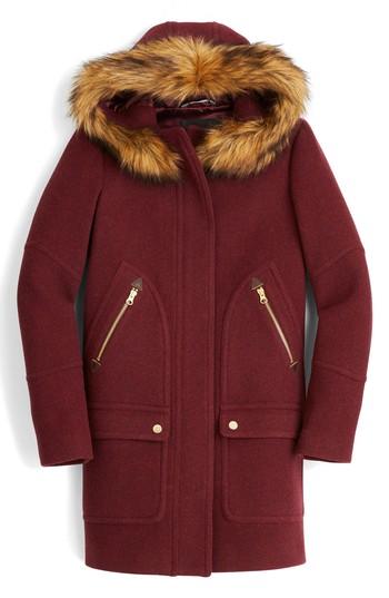 Women's J.crew Chateau Stadium Cloth Parka With Faux Fur Trim - Red