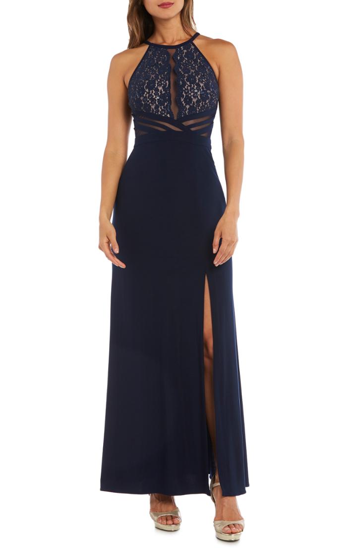 Women's Morgan & Co. Lace & Illusion Mesh Bodice Gown - Blue