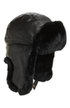Men's Crown Cap Leather & Genuine Rabbit Fur Trapper Hat - Black