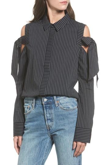 Women's Bp. Stripe Bow Cold Shoulder Top, Size - Black