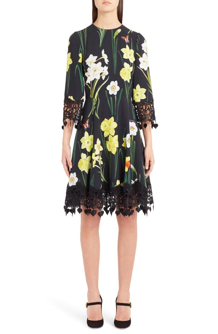 Women's Dolce & Gabbana Daffodil Print Crochet Trim Cady Dress Us / 38 It - Black