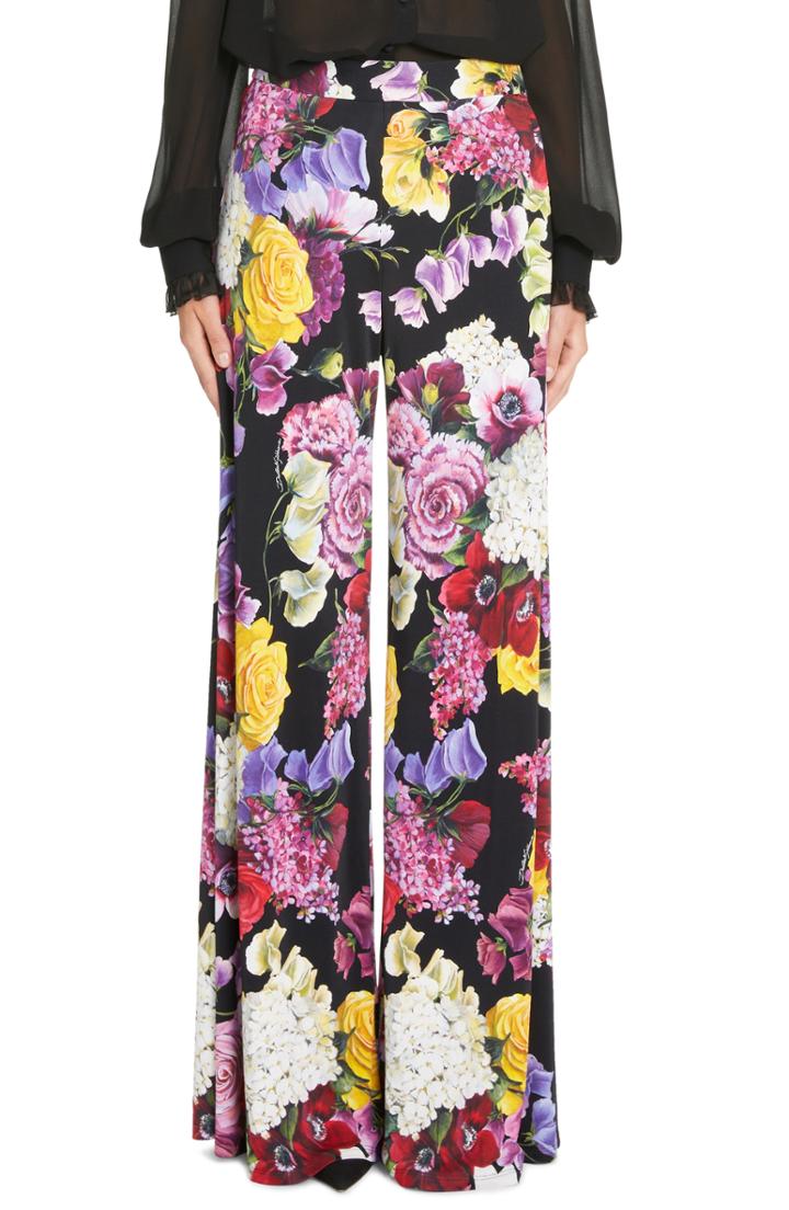 Women's Dolce & Gabbana Floral Print Wide Leg Jersey Pants Us / 50 It - Black