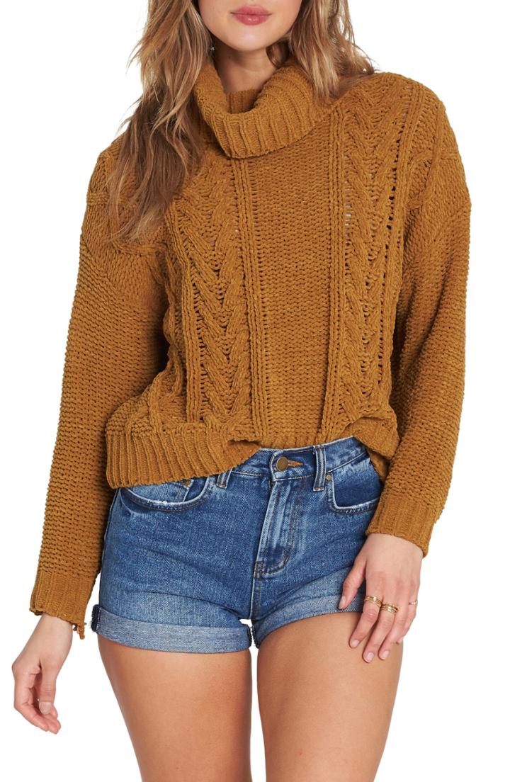 Women's Billabong Cable Knit Turtleneck Sweater - Brown