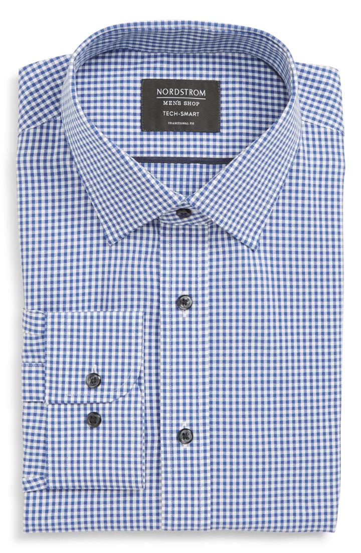 Men's Nordstrom Men's Shop Tech-smart Traditional Fit Check Stretch Dress Shirt .5 - 34/35 - Blue