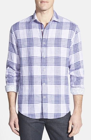 Men's Bugatchi Shaped Fit Plaid Linen Sport Shirt