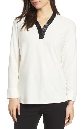 Women's Ming Wang Faux Leather Neckline Tunic Top - Black