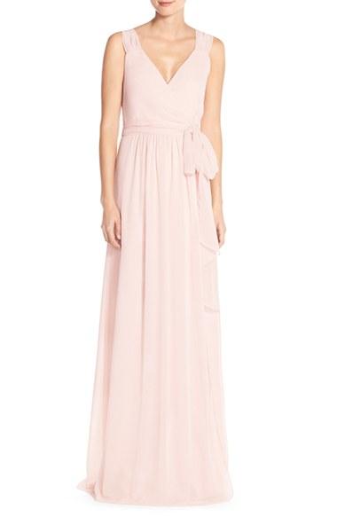 Women's Ceremony By Joanna August 'newbury' Gathered Sleeve Chiffon Wrap Gown X-large - Pink