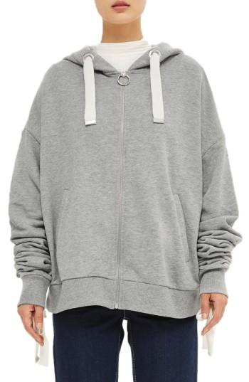Women's Topshop Boutique Ruched Sleeve Hoodie Us (fits Like 0-2) - Grey