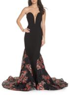 Women's Mac Duggal Plunge Floral Jacquard Mermaid Gown - Black