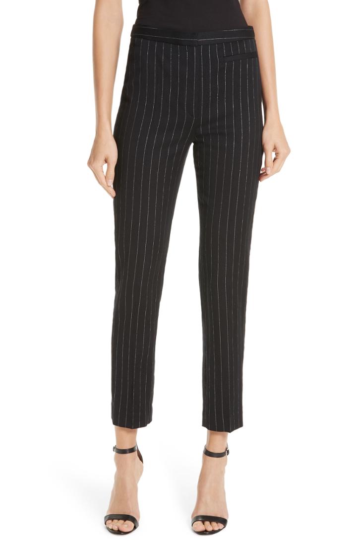 Women's Milly Metallic Pinstripe High Waist Skinny Wool Pants - Black