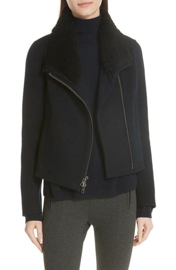 Women's Vince Double Face Genuine Shearling Collar Jacket - Black