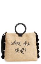 T-shirt & Jeans Pompom Trim Embroidered Straw Tote - Beige
