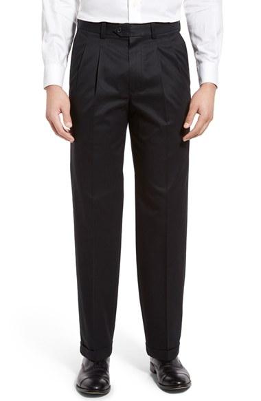 Men's Nordstrom Men's Shop Classic Smartcare(tm) Supima Cotton Pleated Trousers X 30 - Black