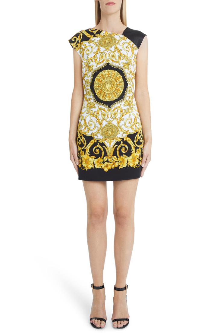 Women's Versace First Line Hibiscus Print Asymmetrical Neck Shift Dress