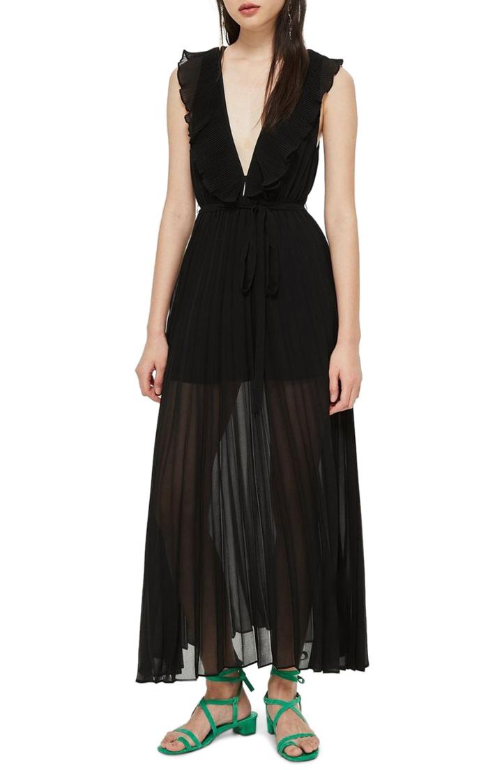 Women's Topshop Pleated Plunge Chiffon Maxi Dress Us (fits Like 10-12) - Black