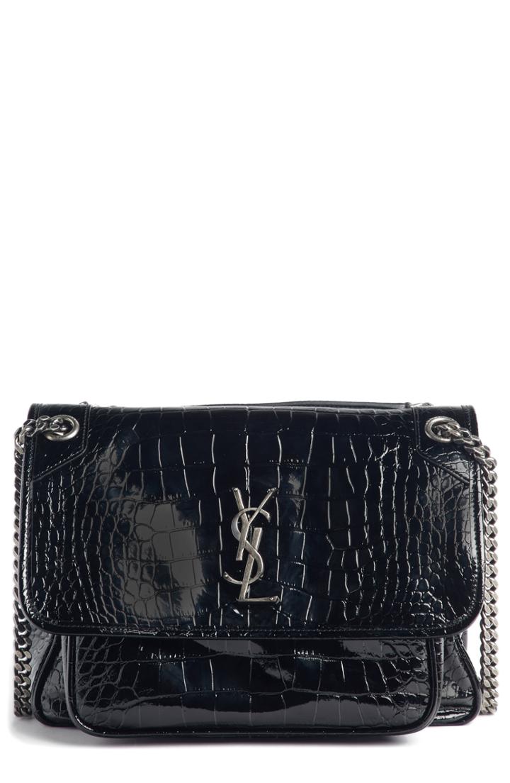 Saint Laurent Medium Niki Croc-embossed Shoulder Bag - Black