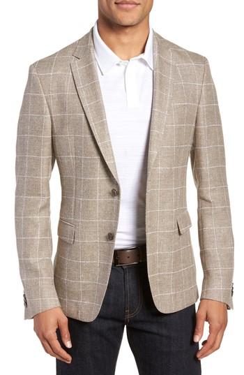 Men's Boss Nobis Trim Fit Windowpane Wool & Linen Sport Coat S - Beige