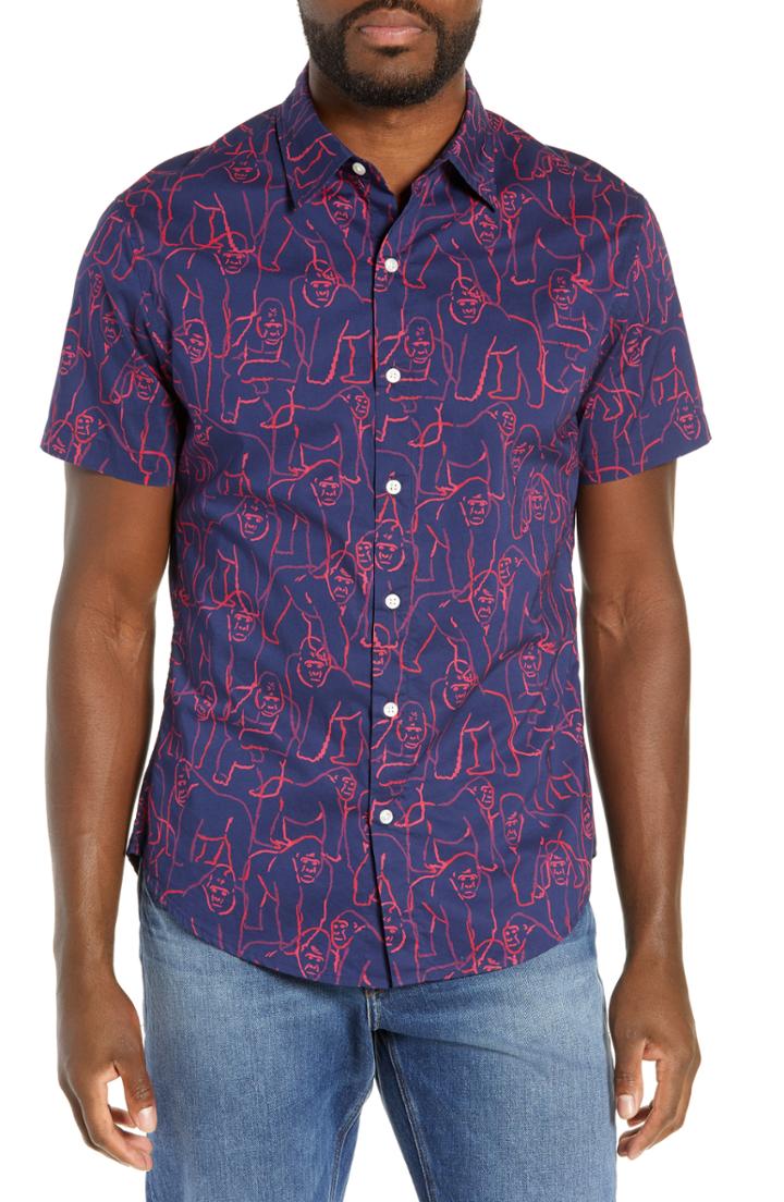 Men's Bonobos Riviera Slim Fit Gorilla Print Sport Shirt R - Blue