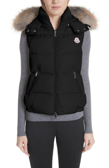 Women's Moncler Gallinule Quilted Down Vest With Detachable Genuine Fox Fur Trim Hood - Black
