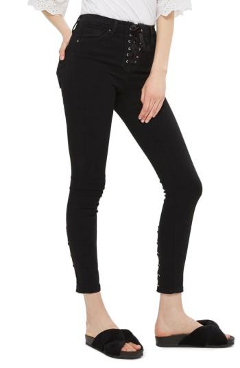 Petite Women's Topshop Jamie Lace-up Fly Skinny Jeans X 28 - Black