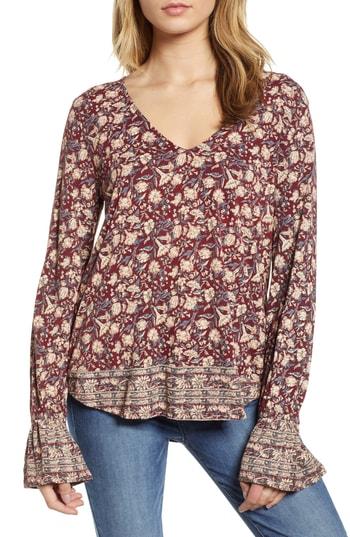 Women's Lucky Brand Ruffle Cuff Border Print Top - Red