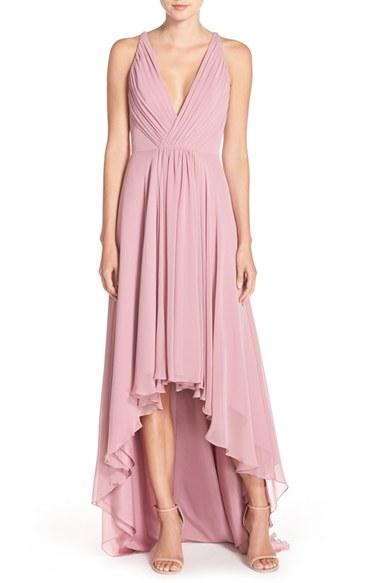 Women's Monique Lhuillier Bridesmaids Deep V-neck Chiffon High/low Gown - Pink