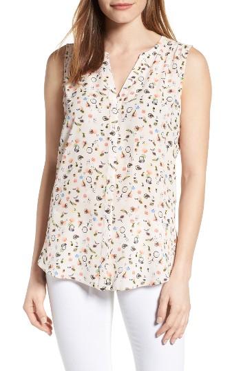 Women's Nydj Print Pleat Back Sleeveless Split Neck Blouse - Coral