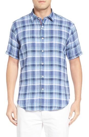 Men's Bugatchi Shaped Fit Plaid Linen Sport Shirt, Size - Blue