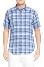 Men's Bugatchi Shaped Fit Plaid Linen Sport Shirt, Size - Blue