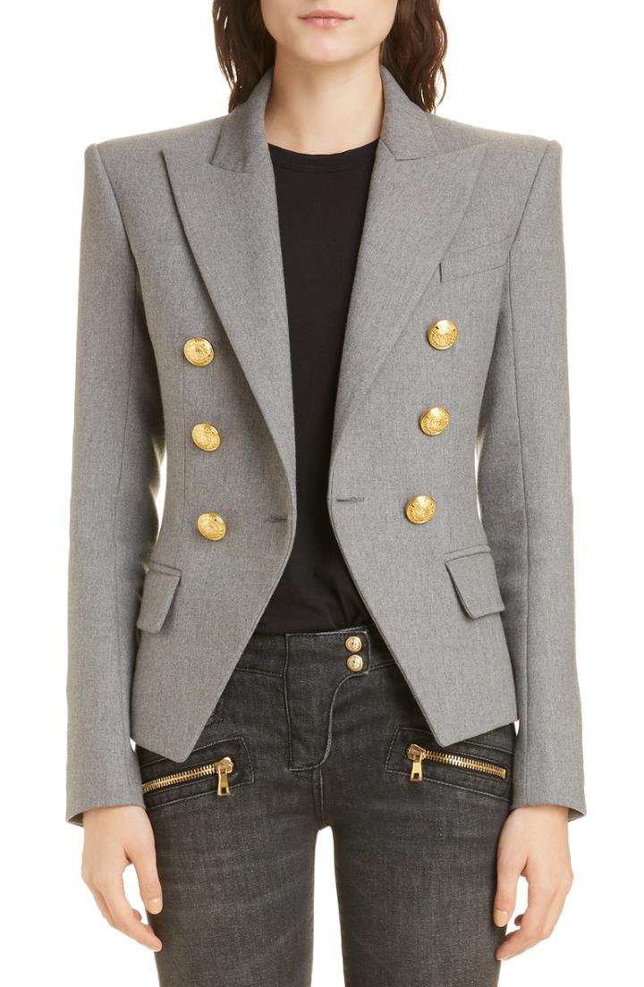 Women's Balmain Double Breasted Wool Blend Jacket Us / 38 Fr - Grey