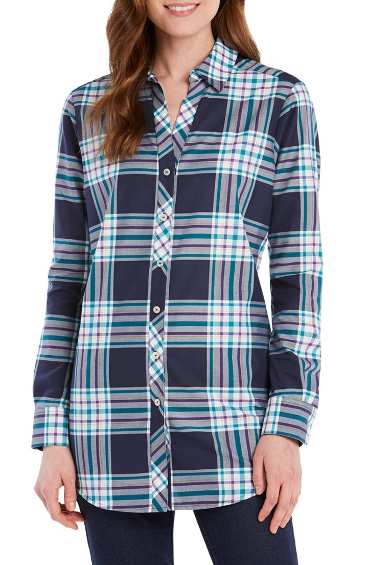 Women's Foxcroft Faith Fall Tartan Plaid Cotton Blend Shirt - Blue