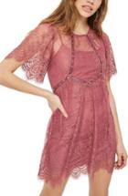 Women's Topshop Velvet Trim Lace Minidress Us (fits Like 0) - Pink