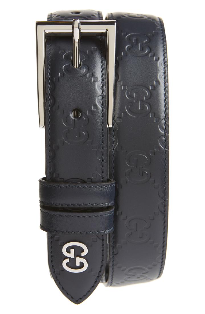 Men's Gucci Reversible Signature Leather Belt 0 Eu - Blue