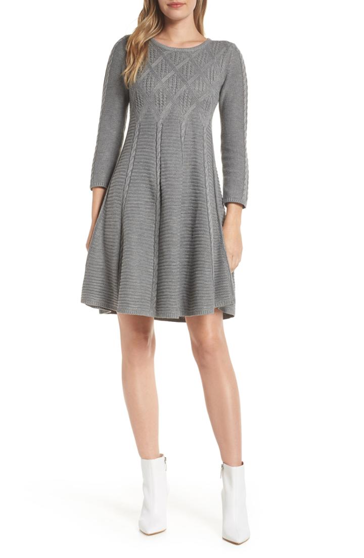 Women's Eliza J Cable Fit & Flare Sweater Dress, Size - Grey