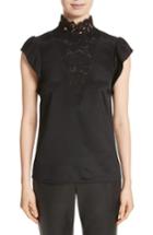 Women's St. John Collection Lace Trim Stretch Silk Crepe De Chine Top - Black