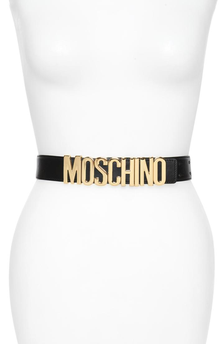 Women's Moschino Logo Plate Calfskin Belt - Black/ Gold