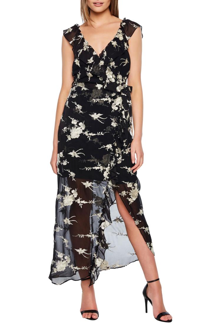 Women's Bardot Embroidered Faux Wrap Dress - Black