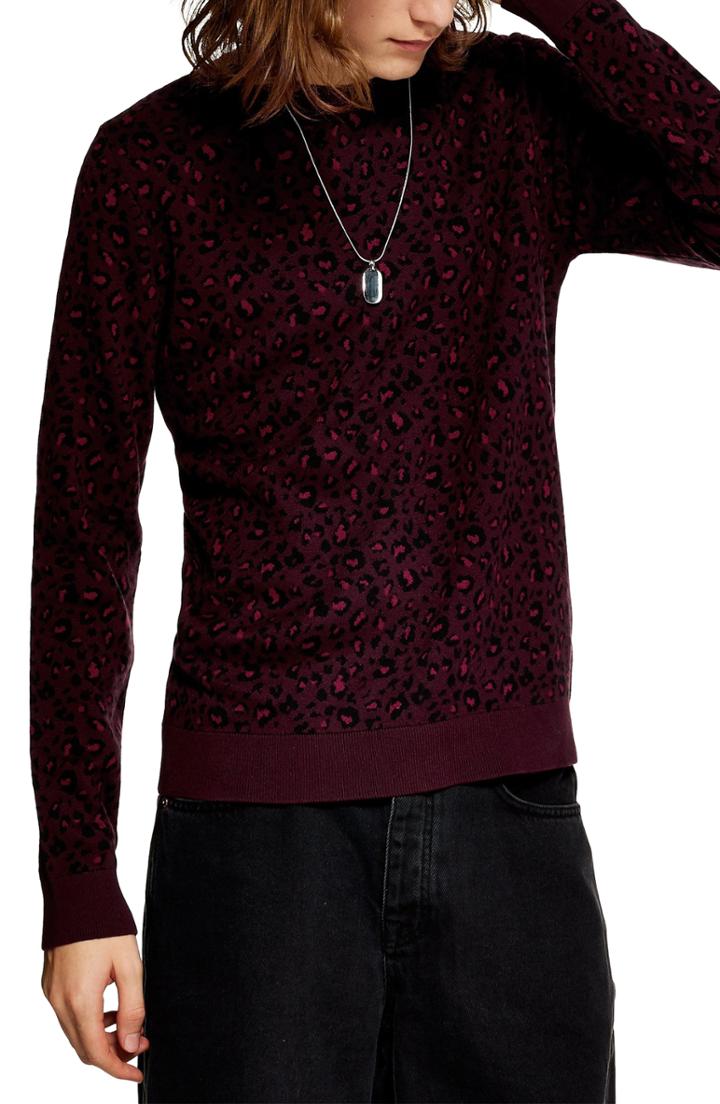 Men's Topman Leopard Spot Crewneck Sweater - Red