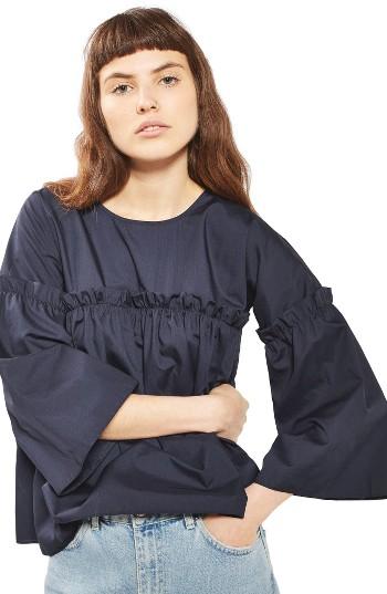 Women's Topshop Ruffle Flute Sleeve Top Us (fits Like 14) - Blue