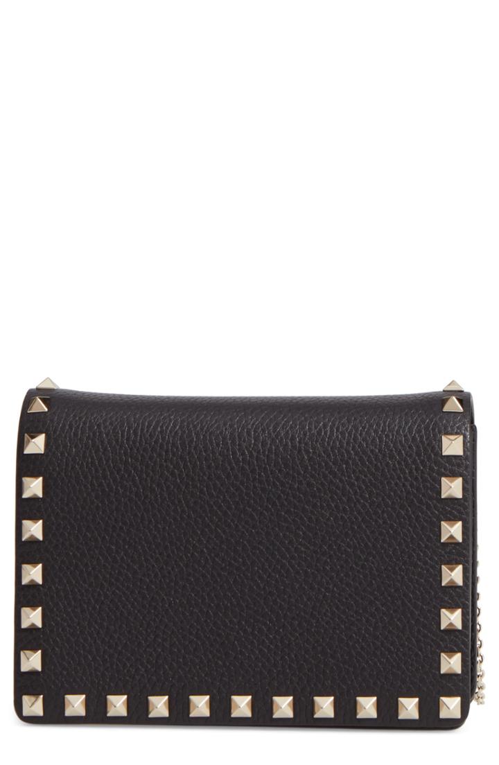 Women's Valentino Garavani Mini Rockstud Leather Wallet On A Chain - Black