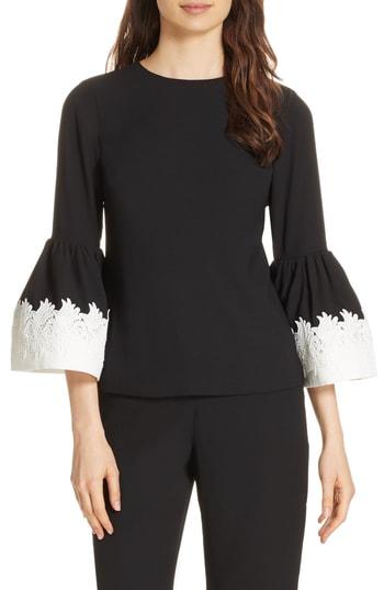 Women's Ted Baker London Lace Trim Fluted Bell Sleeve Blouse - Black